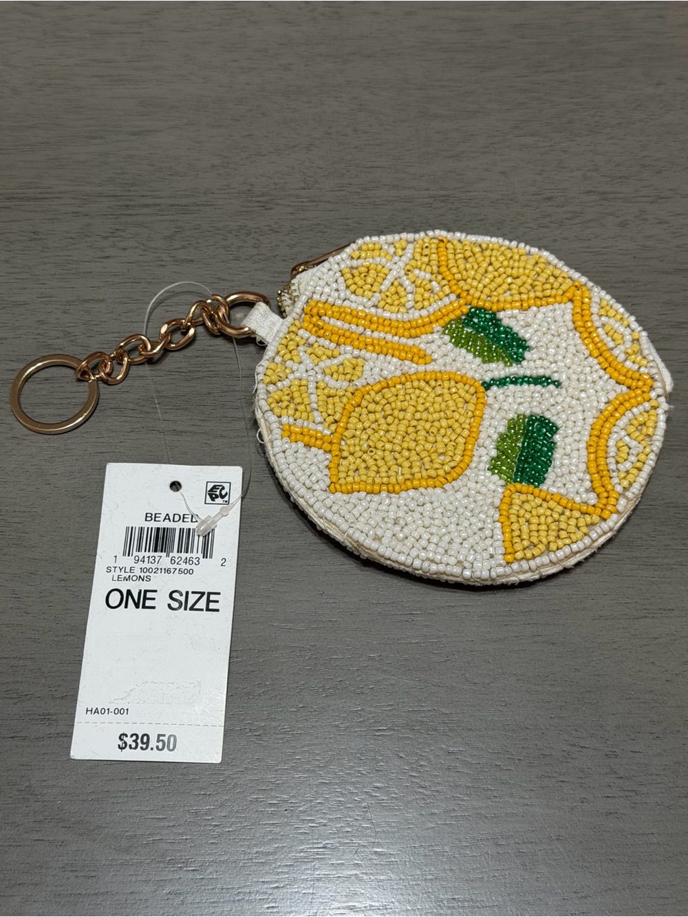 Beaded Lemon Coin Pouch Keychain - White & Yellow